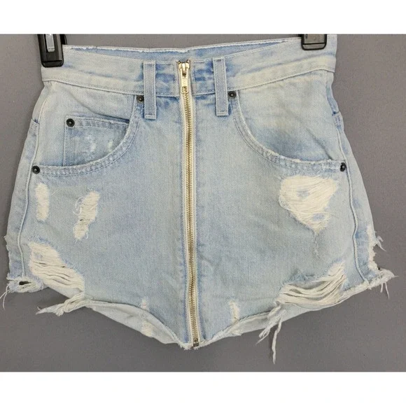 Carmar Distress Mini Jean Skirt Womens 23 Blue Denim Pockets Full Zip Grunge - Picture 1 of 13